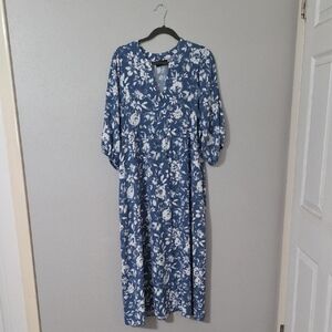 Connected Apparel Blue and White Floral Long Sleeve Dress